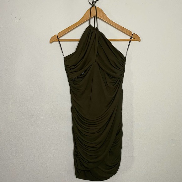 Zara Draped Cut Out Dress Bodycon Halter Neck Dark Khaki M NWT - Picture 3 of 5